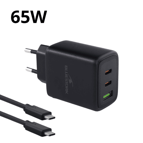 Chargeur 65W PD - 3 ports + Câble USB-C 2m - Noir