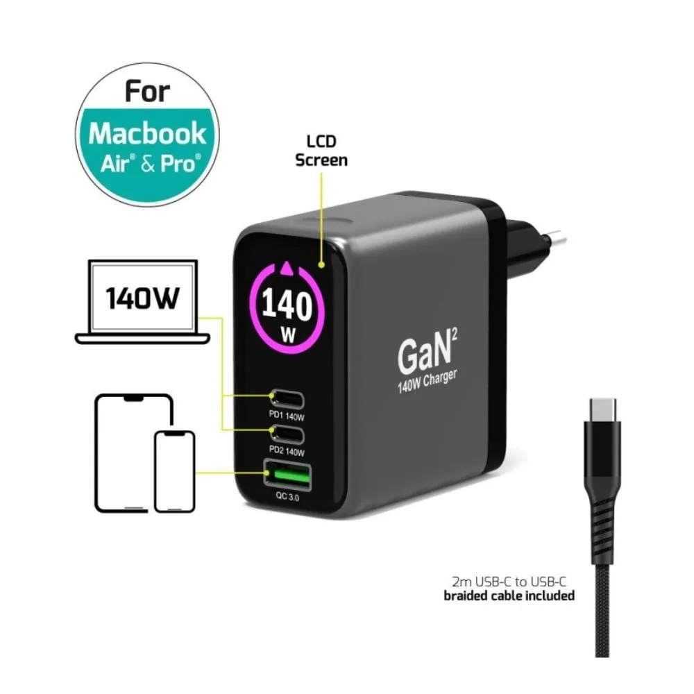 Port Chargeur écran OLED GaN 140W 3 ports + Câble USB-C - 2m, vue 3