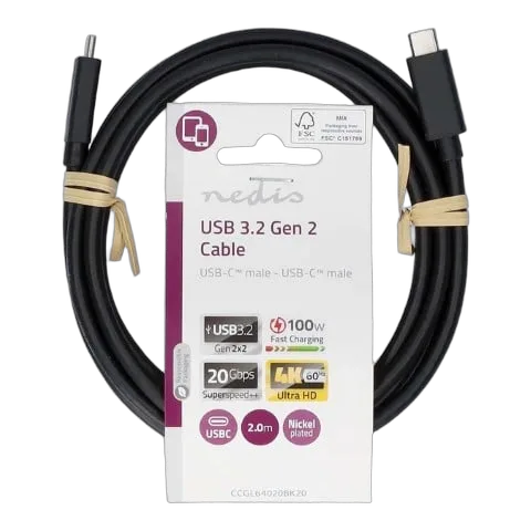 Nedis Câble USB-C 3.2 mâle/mâle - 100W - 2m - Noir