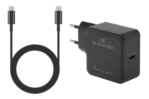 Bluestork Chargeur GaN 65W - USB-C + Câble USB-C 1.8m - Noir