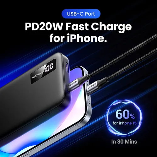 UGREEN USB-C + USB-A - 2 ports - 10000mAh - 20W - Noir — vue 3